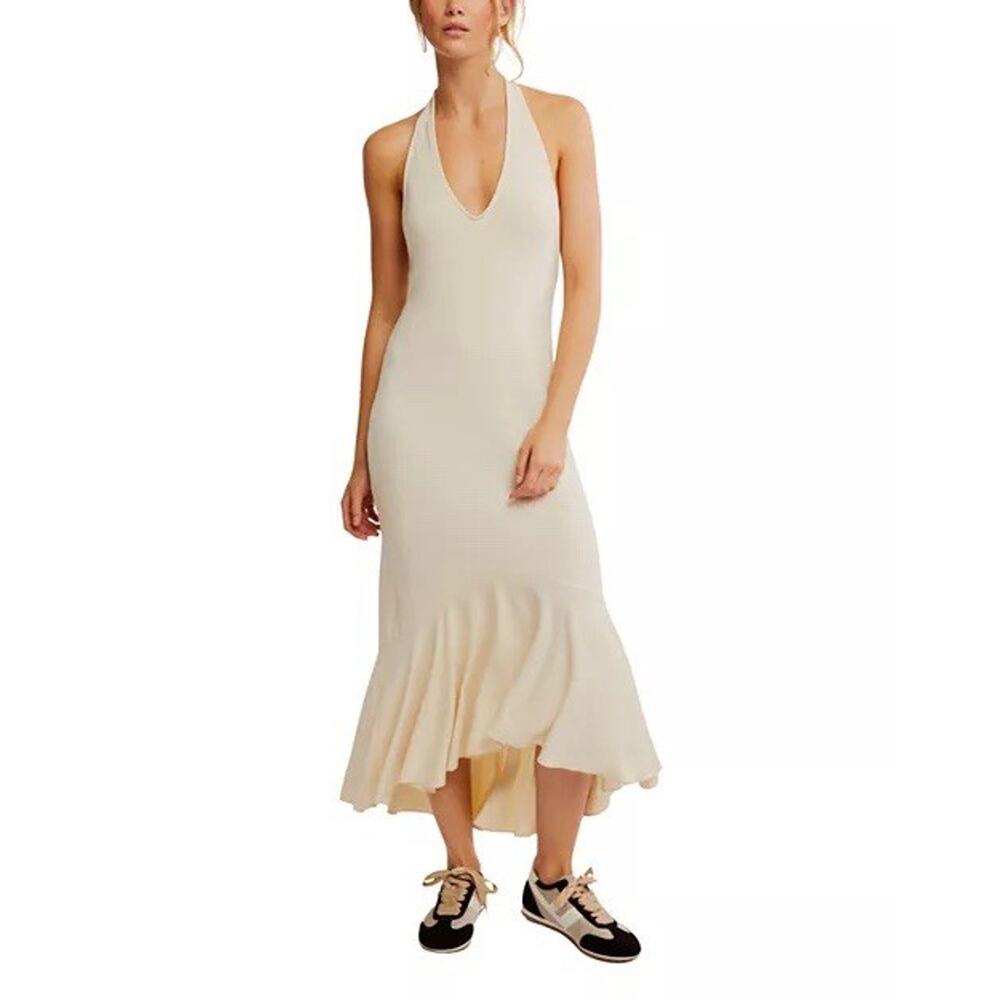 Free People Beach Alix Maxi Dress deep V halter, Open Back Sz XL Resort Summer